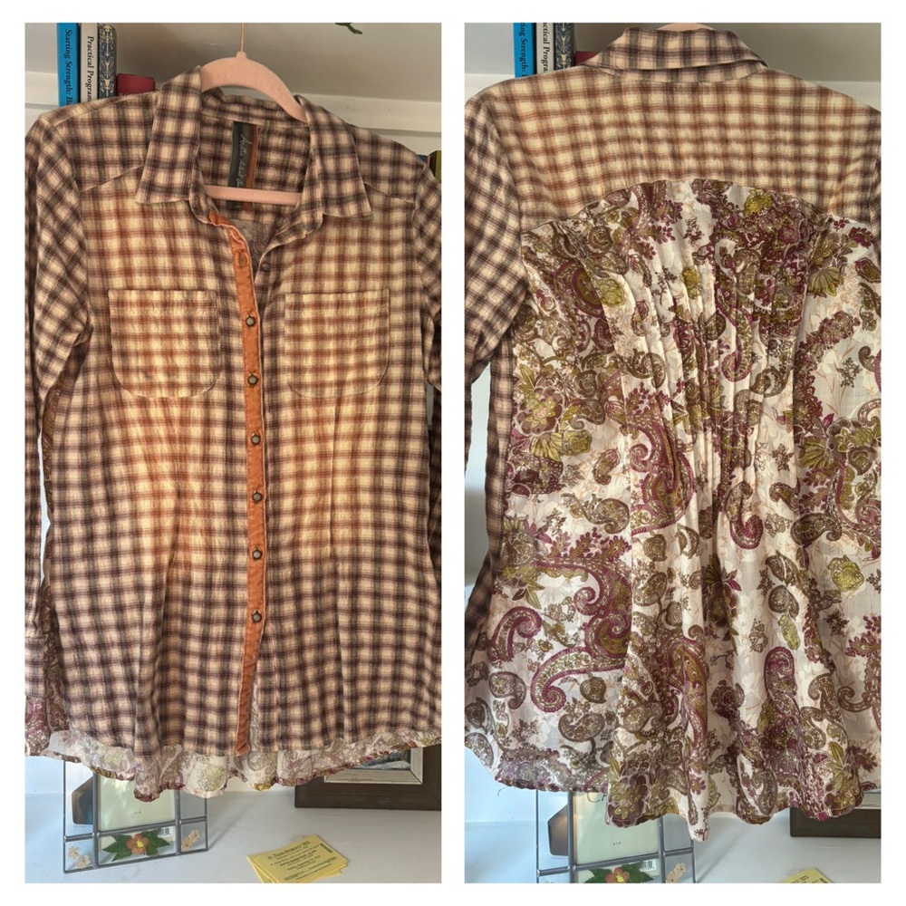 ARRATA SILENT JOURNEY Plaid Paisley Velvet Trim Button down SZ Small
